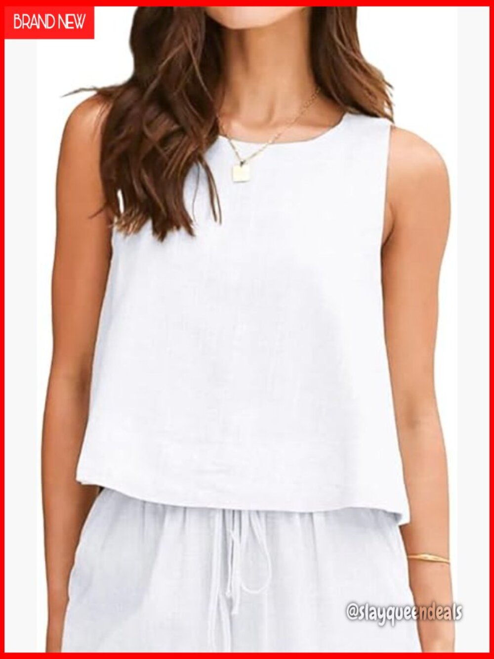 Linen Tank Top Relaxed Fit Sleeveless High Neck Summer Top